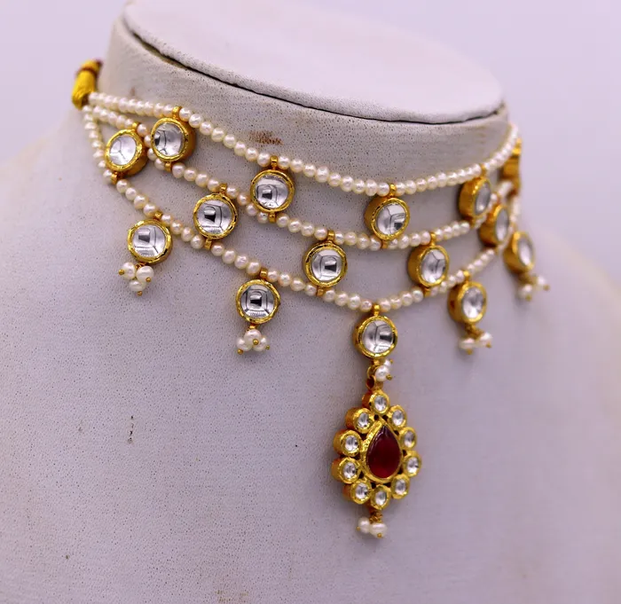 Necklaces TRIBAL ORNAMENTS 22K yellow gold handmade traditional Rajput antique style solid gold necklace with gorgeous tiny peal stone from Rajasthan India