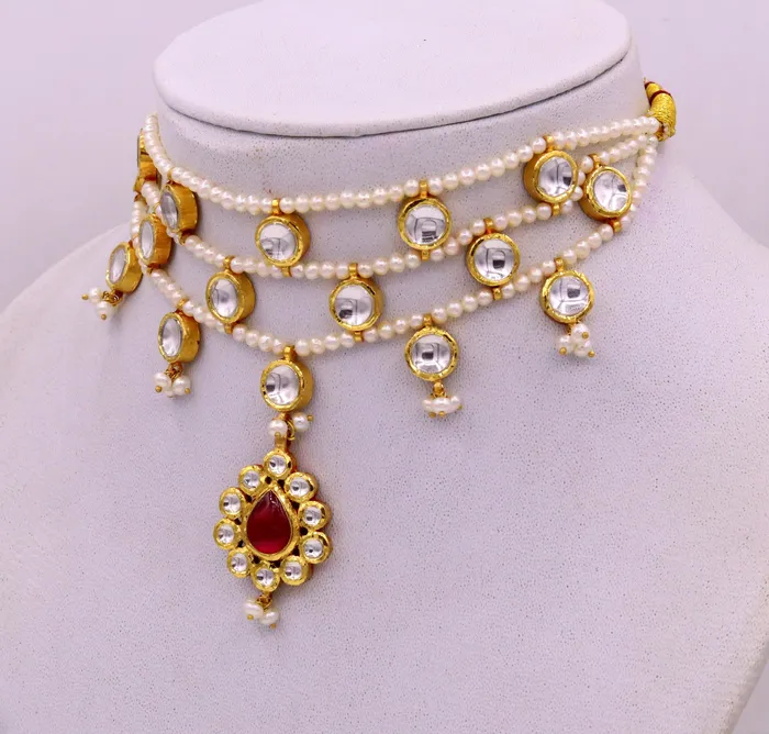 Necklaces TRIBAL ORNAMENTS 22K yellow gold handmade traditional Rajput antique style solid gold necklace with gorgeous tiny peal stone from Rajasthan India