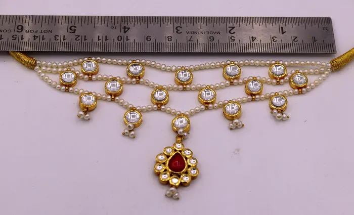 Necklaces TRIBAL ORNAMENTS 22K yellow gold handmade traditional Rajput antique style solid gold necklace with gorgeous tiny peal stone from Rajasthan India