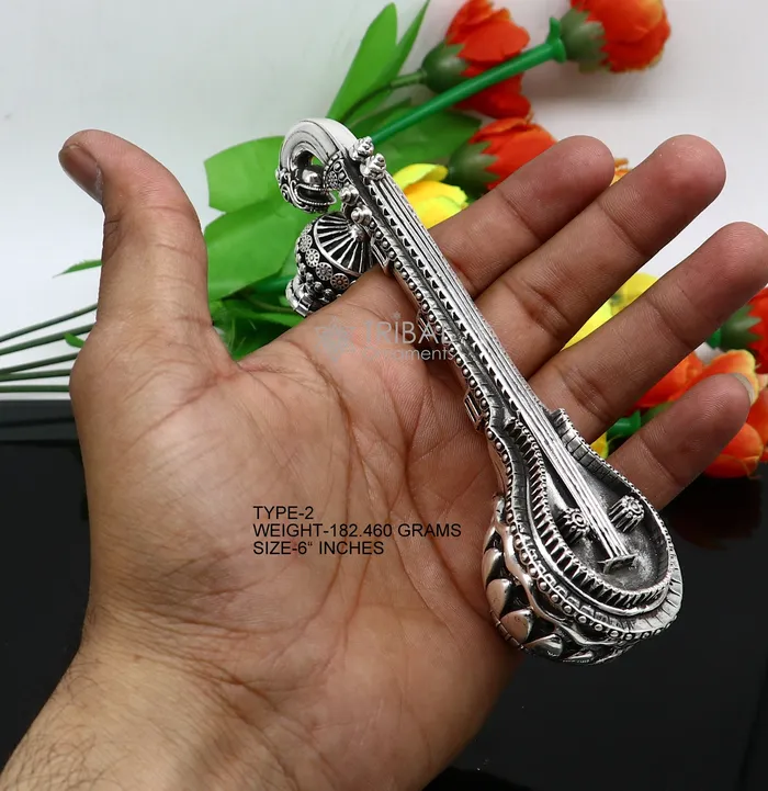 Necklaces TRIBAL ORNAMENTS 5OR 6 Maa Saraswati Veena 925 sterling silver musical instrument Veena for Goddess Sharda best gifting puja article Worshipping art623