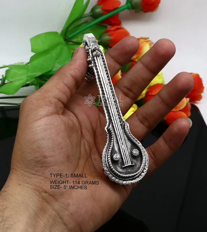 Necklaces TRIBAL ORNAMENTS 5OR 6 Maa Saraswati Veena 925 sterling silver musical instrument Veena for Goddess Sharda best gifting puja article Worshipping art623