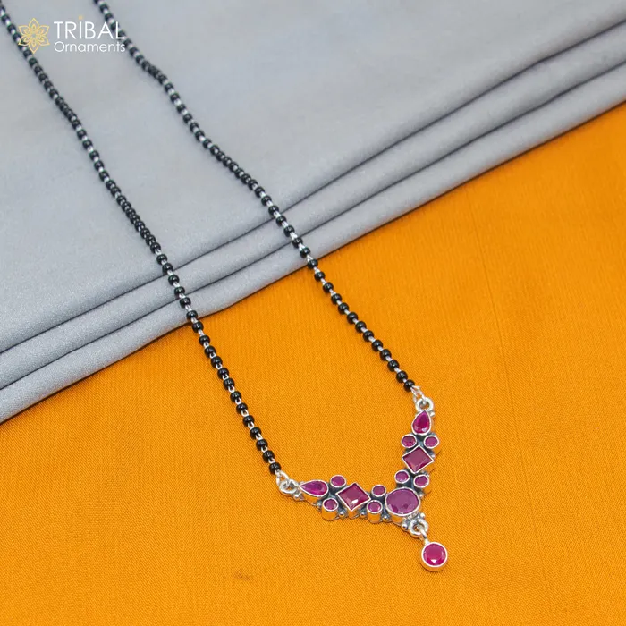 Necklaces TRIBAL ORNAMENTS 925 sterling silver black beads and red cut stone mangal sutra necklace brides Mangalsutra chunky necklace ms94