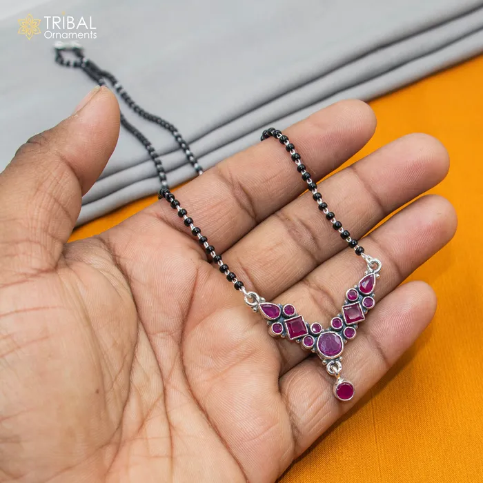 Necklaces TRIBAL ORNAMENTS 925 sterling silver black beads and red cut stone mangal sutra necklace brides Mangalsutra chunky necklace ms94