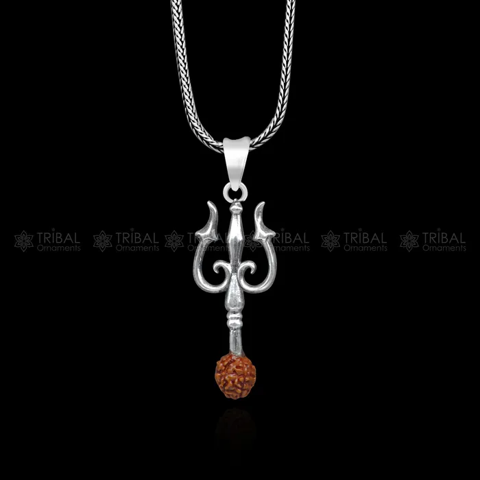 Necklaces TRIBAL ORNAMENTS 925 Sterling silver handmade Trishul with rudraksha trident pendantnsp858