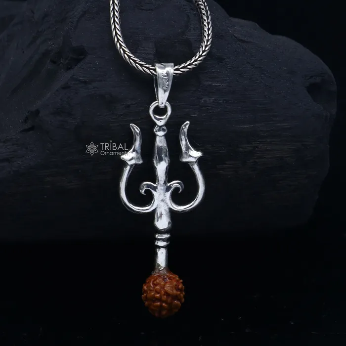 Necklaces TRIBAL ORNAMENTS 925 Sterling silver handmade Trishul with rudraksha trident pendantnsp858