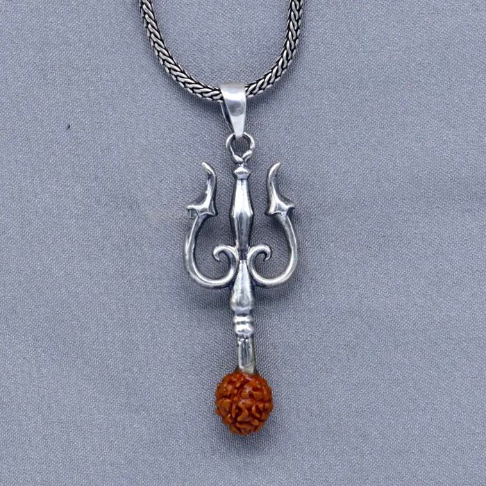 Necklaces TRIBAL ORNAMENTS 925 Sterling silver handmade Trishul with rudraksha trident pendantnsp858