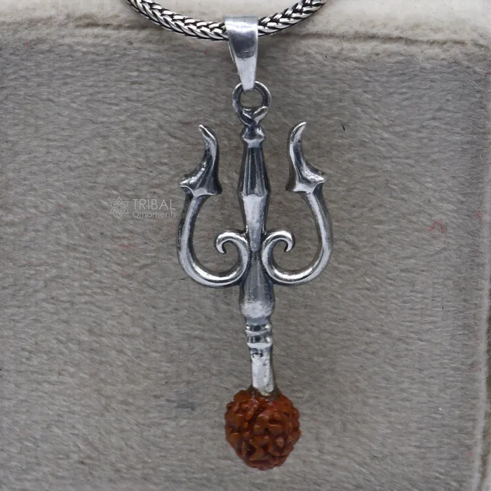 Necklaces TRIBAL ORNAMENTS 925 Sterling silver handmade Trishul with rudraksha trident pendantnsp858