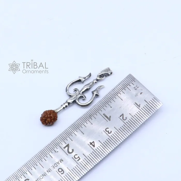 Necklaces TRIBAL ORNAMENTS 925 Sterling silver handmade Trishul with rudraksha trident pendantnsp858
