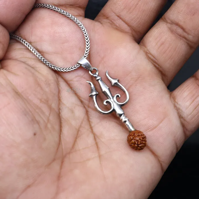 Necklaces TRIBAL ORNAMENTS 925 Sterling silver handmade Trishul with rudraksha trident pendantnsp858
