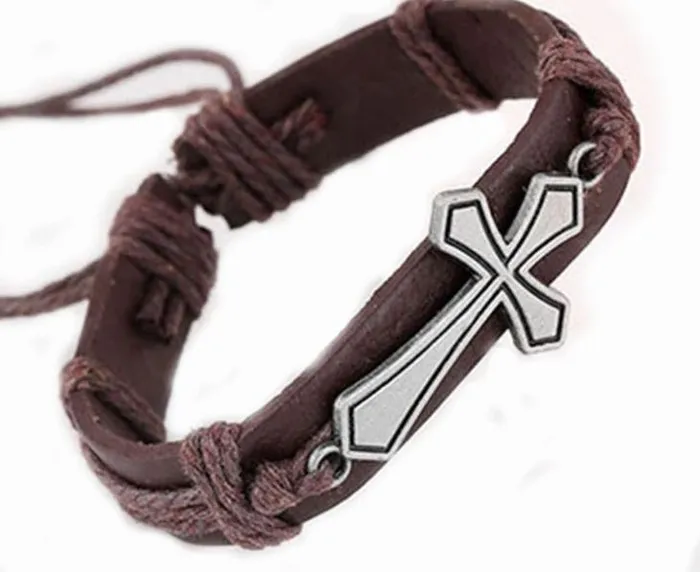 POLLY B493 Brown Leather Cross Brown Cord Bracelet Bracelets