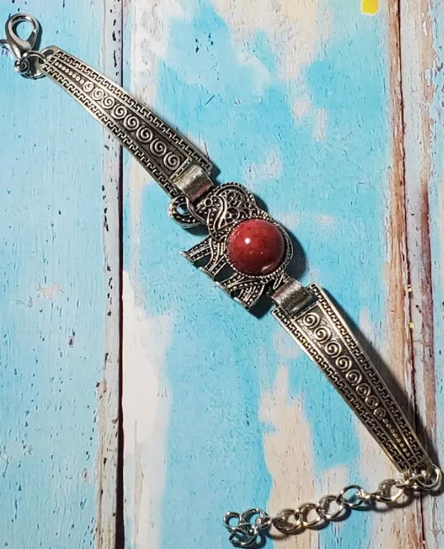 POLLY Bracelets B1229 Silver Decorated Elephant Red Crackle Gem Bracelet