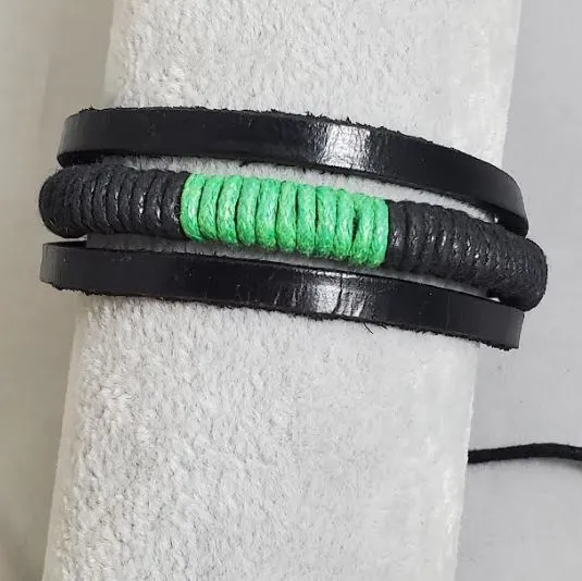 polly Bracelets B611 Green Black Leather Pull Cord Bracelet