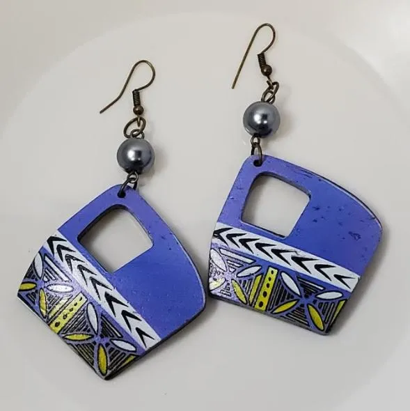 POLLY E1502 Blue Geometric Coconut Shell Wooden Earrings Earrings