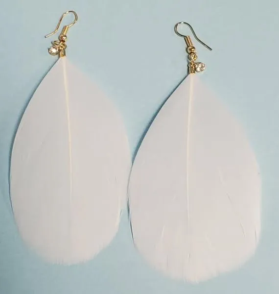 POLLY Earrings E144 Large White Feather with Rhinestone Earrings