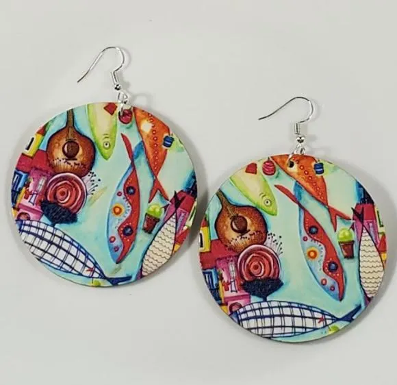 polly Earrings E220 Large Round Wooden Festive Fish Earrings