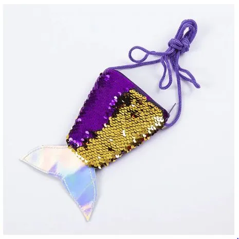 POLLY L186 Purple Gold Sequined Mermaid Tail Coin Purse Necklaces