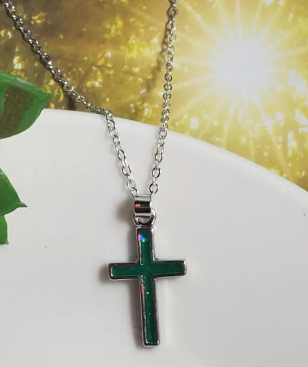 polly N1224 Silver Dainty Green Glitter Cross Necklace with FREE EARRINGS Necklaces