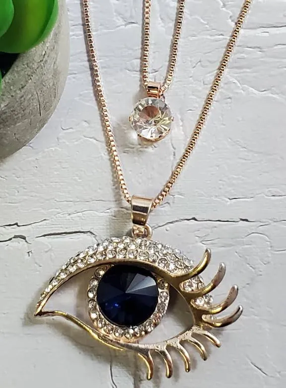 POLLY N1335 Rose Gold Blue Gemstone Eye Necklace with FREE Earrings Necklaces