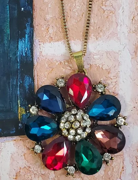 Polly Necklaces AZ144 Gold Multi Color Gemstone Flower Necklace With FREE Earrings Polly Necklaces AZ144 Gold Multi Color Gemstone Flower Necklace With FREE Earrings