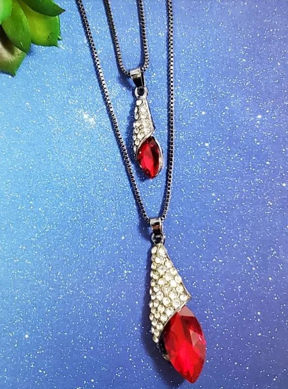 polly Necklaces AZ32 Gun Metal Red Gem Rhinestone Necklace with FREE Earrings