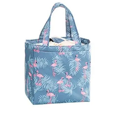 Polly Necklaces G06 Gray Flamingo Insulated Lunch Tote with Drawstring