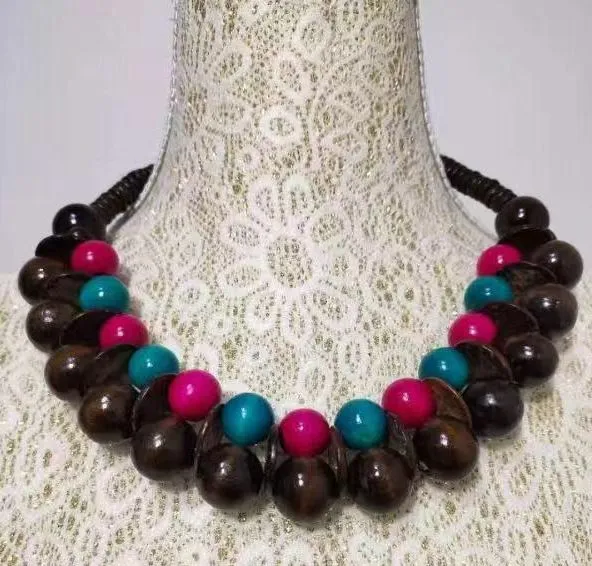polly Necklaces N1207 Brown Hot Pink Turquoise Double Row Wooden Necklace with FREE Earrings polly Necklaces N1207 Brown Hot Pink Turquoise Double Row Wooden Necklace with FREE Earrings