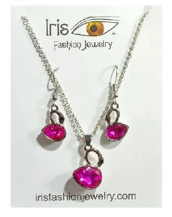 POLLY Necklaces N1349 Silver Swan Hot Pink Gemstone Necklace with FREE Earrings