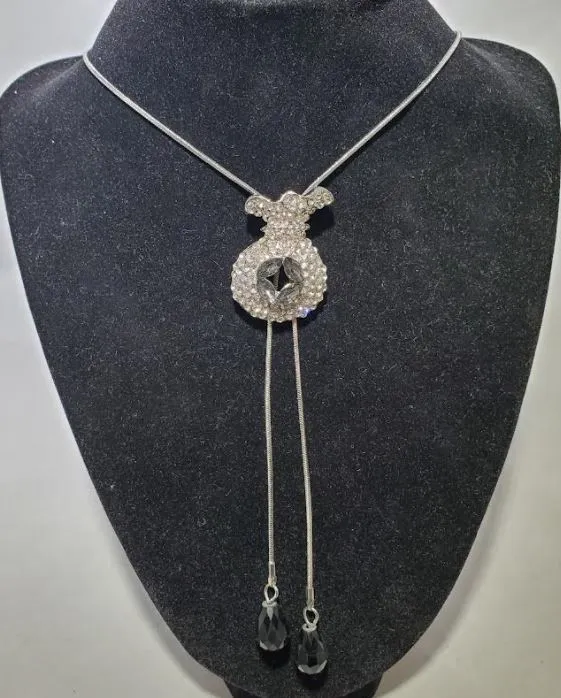 polly Necklaces N1673 Silver Rhinestone Money Bag Black Gem Adjustable Sweater Necklace with FREE Earrings