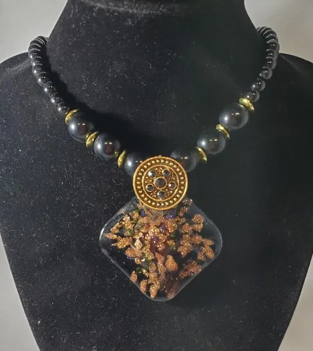 polly Necklaces N2092 Black Bead Square Glass Pendant Long Necklace With Free Earrings