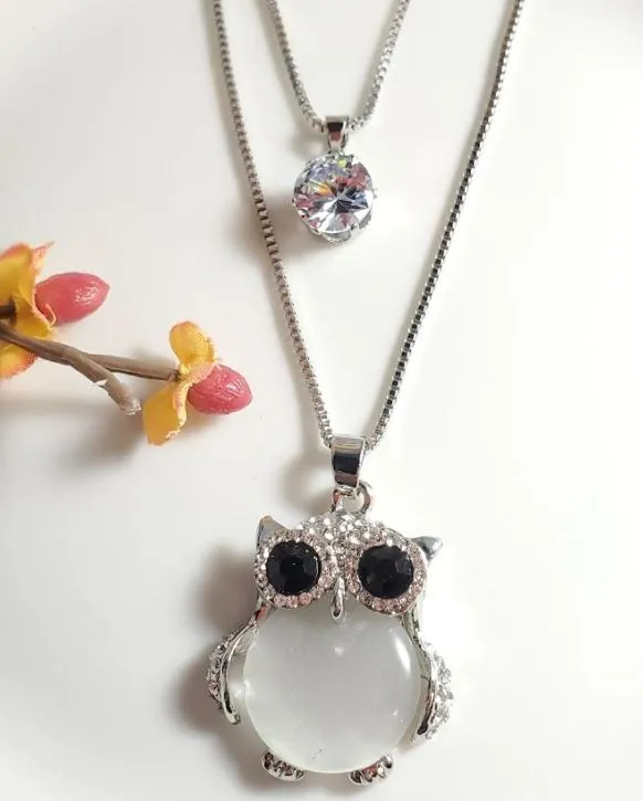 polly Necklaces N2197 Silver Rhinestone Owl with Moonstone Belly Necklace with FREE Earrings
