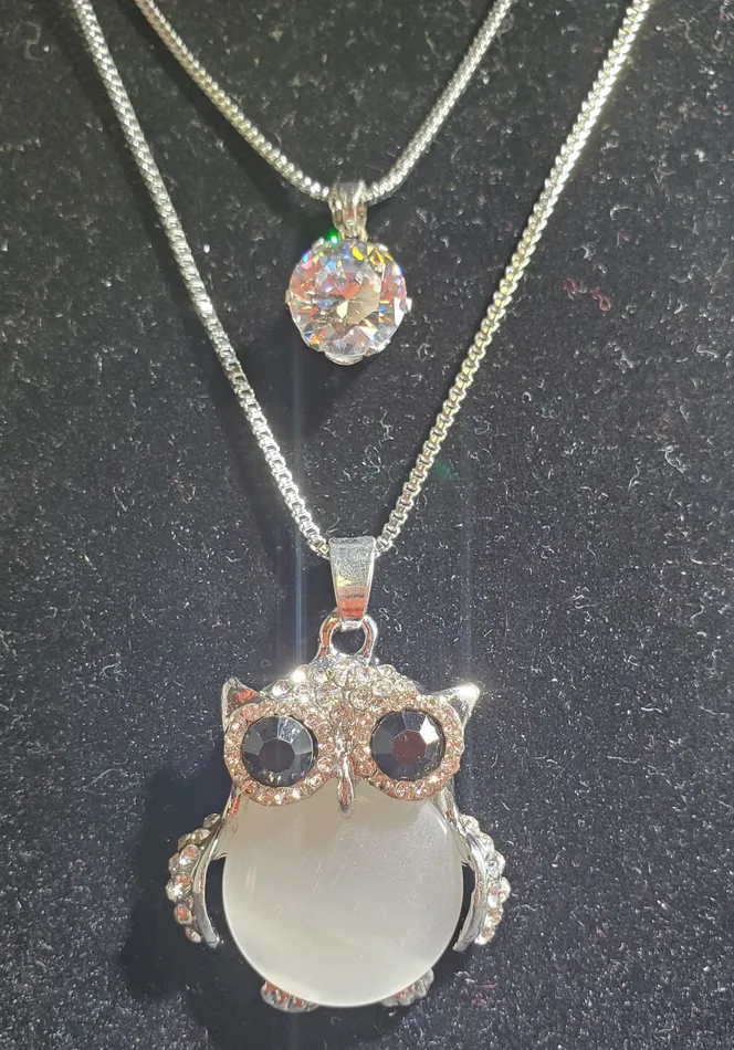 polly Necklaces N2197 Silver Rhinestone Owl with Moonstone Belly Necklace with FREE Earrings