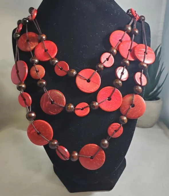 polly Necklaces N749 Red Disk Brown Bead Wooden Necklace with FREE EARRINGS