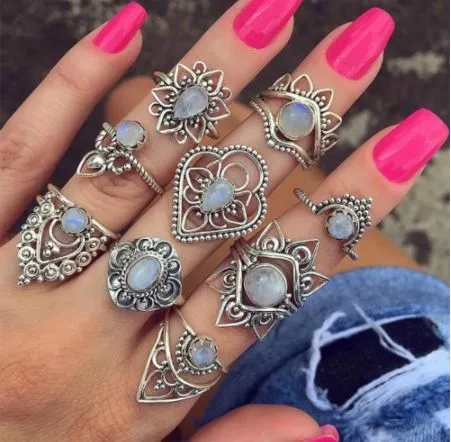 polly Rings RS10 Silver Color White Gem 9 pc Ring Set