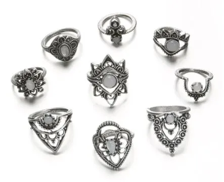 polly Rings RS10 Silver Color White Gem 9 pc Ring Set