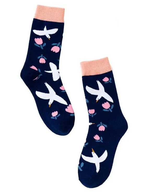 POLLY Rings SF809 Navy Blue Tulips Birds Socks