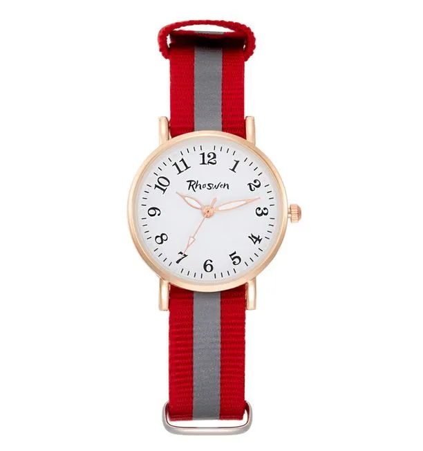 polly Rings W529 Red Gray Stripe Fabric Band Quartz Watch