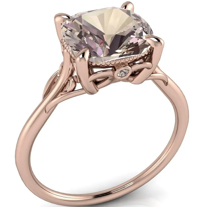Portia 8mm x 8mm AAA Cushion Morganite Jules Filigree Custom Bezel Diamond Design 14k Rose Gold Ring Fire Brilliance Rings