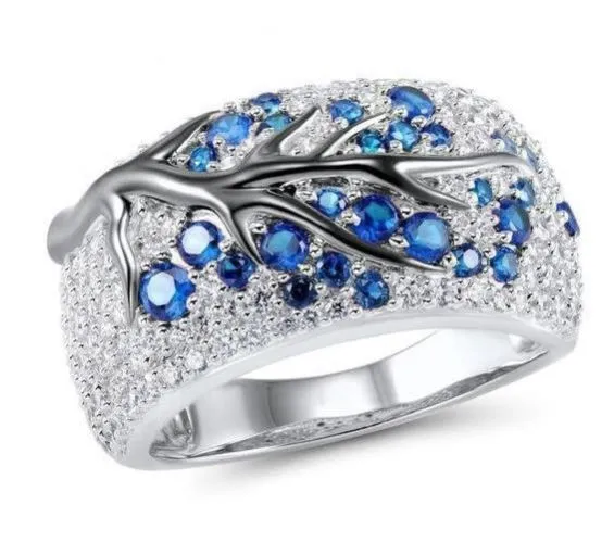R35 Silver Light Blue Rhinestone Tree Design Ring polly Rings