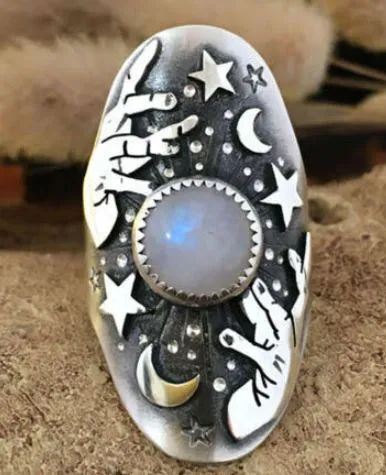 R41 Silver Moonstone Stars Moon Hands Ring polly Rings