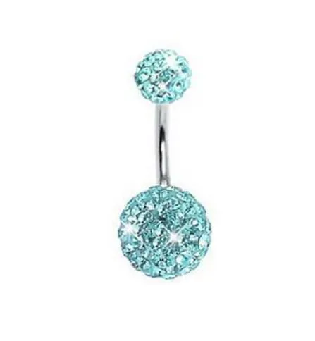 Rings 02 P130 Silver Double Ball Light Blue Gems Belly Button Ring