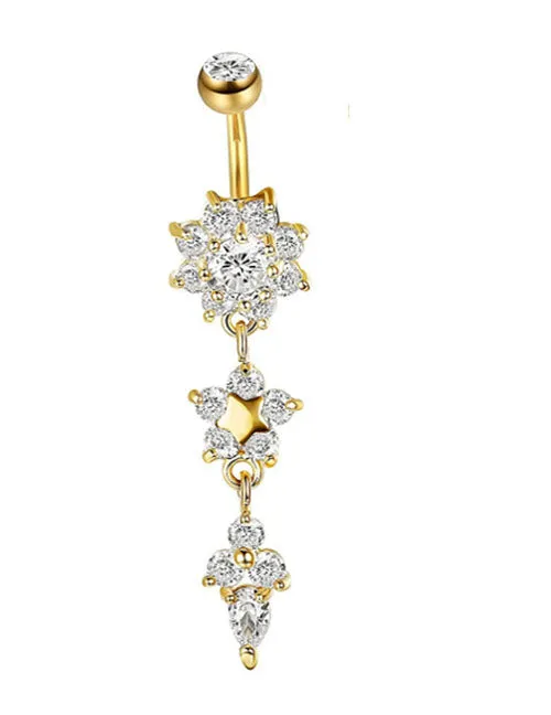 Rings Alice P37 Gold Flower Rhinestone Gem Ball Belly Button Ring