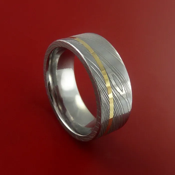 Rings Damascus Steel Ring with 14k Yellow Gold Inlay Custom Made Band Lashbrook