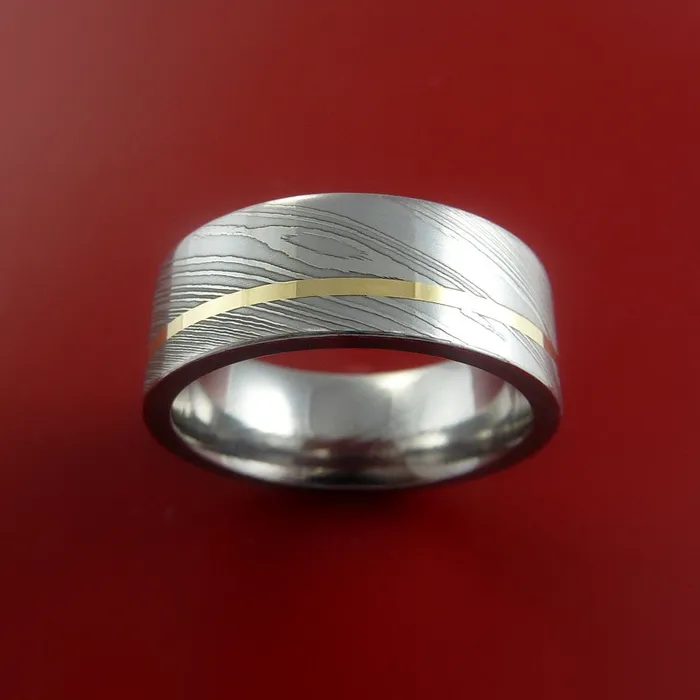 Rings Damascus Steel Ring with 14k Yellow Gold Inlay Custom Made Band Lashbrook Rings Damascus Steel Ring with 14k Yellow Gold Inlay Custom Made Band Lashbrook