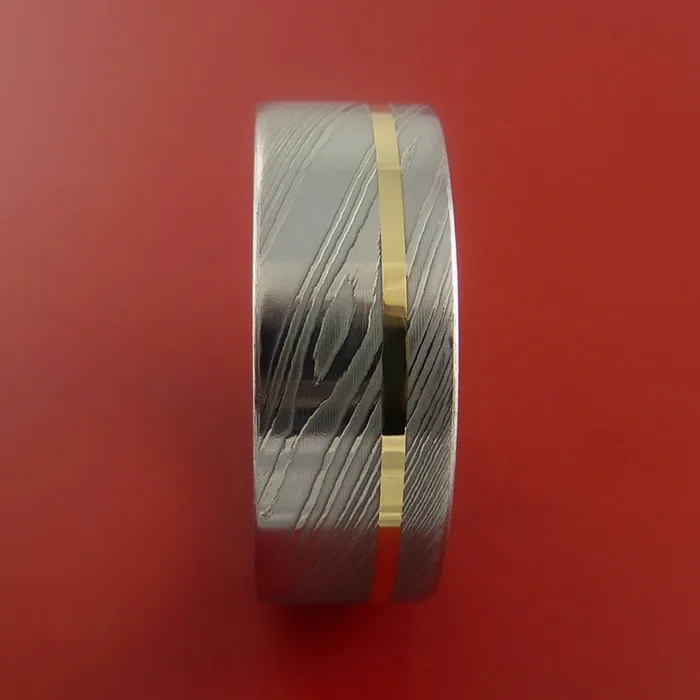 Rings Damascus Steel Ring with 14k Yellow Gold Inlay Custom Made Band Lashbrook Rings Damascus Steel Ring with 14k Yellow Gold Inlay Custom Made Band Lashbrook