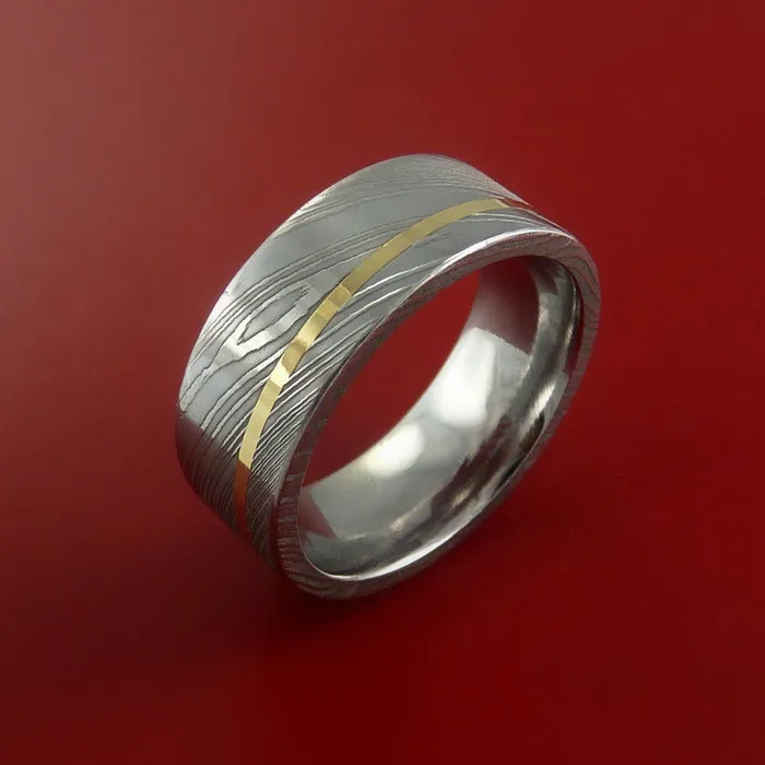 Rings Damascus Steel Ring with 14k Yellow Gold Inlay Custom Made Band Lashbrook Rings Damascus Steel Ring with 14k Yellow Gold Inlay Custom Made Band Lashbrook