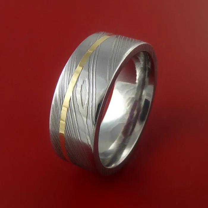 Rings Damascus Steel Ring with 14k Yellow Gold Inlay Custom Made Band Lashbrook Rings Damascus Steel Ring with 14k Yellow Gold Inlay Custom Made Band Lashbrook