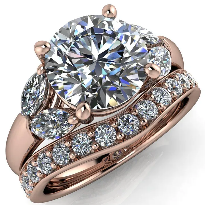 Rings Fire Brilliance Adrenne Round Center Stone 4 Prong Double Marquise Side Ring Rings Fire Brilliance Adrenne Round Center Stone 4 Prong Double Marquise Side Ring