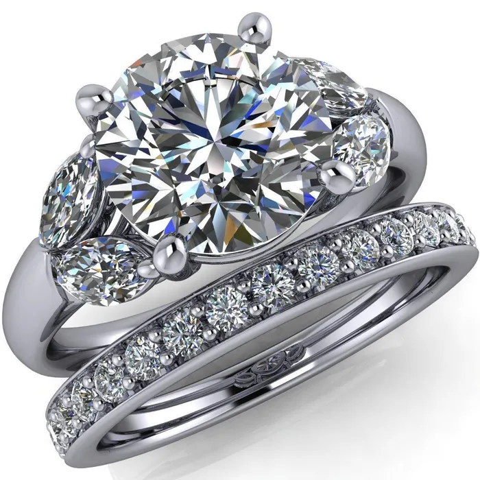 Rings Fire Brilliance Adrenne Round Center Stone 4 Prong Double Marquise Side Ring