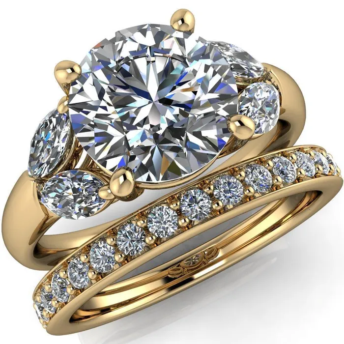 Rings Fire Brilliance Adrenne Round Center Stone 4 Prong Double Marquise Side Ring