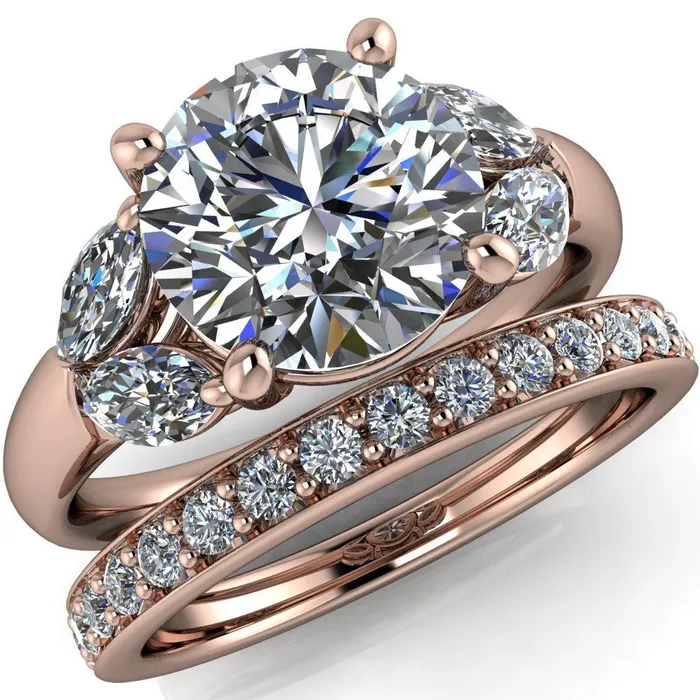 Rings Fire Brilliance Adrenne Round Center Stone 4 Prong Double Marquise Side Ring